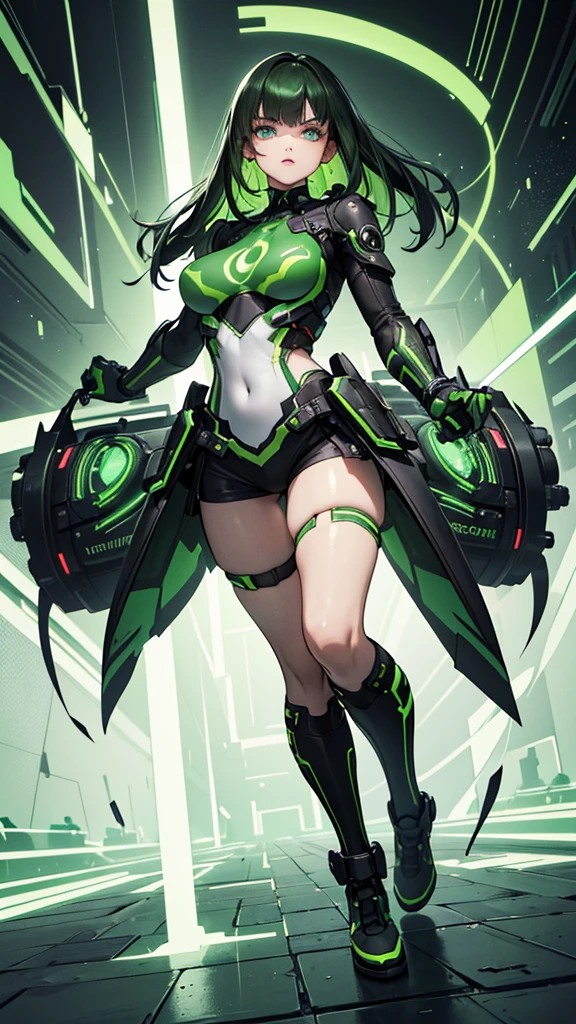 masterpiece, highest quality, (solo focus), (perfect face:1.1), (full body), (high detail:1.1), (hyper detailed eyes), dramatic, a woman with paleskin and long dark green hair, bright green eyes, solo, arrogant expression, neon cybernetic outfit, white background, art by artgerm, cinematic lighting, fashion, BalenciagaStyle