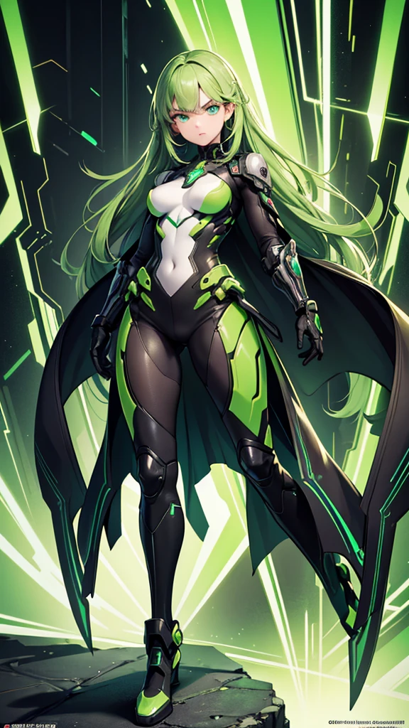 masterpiece, highest quality, (solo focus), (perfect face:1.1), (full body), (high detail:1.1), (hyper detailed eyes), dramatic, a woman with paleskin and long dark green hair, bright green eyes, solo, arrogant expression, neon cybernetic outfit, white background, art by artgerm, cinematic lighting, fashion, BalenciagaStyle