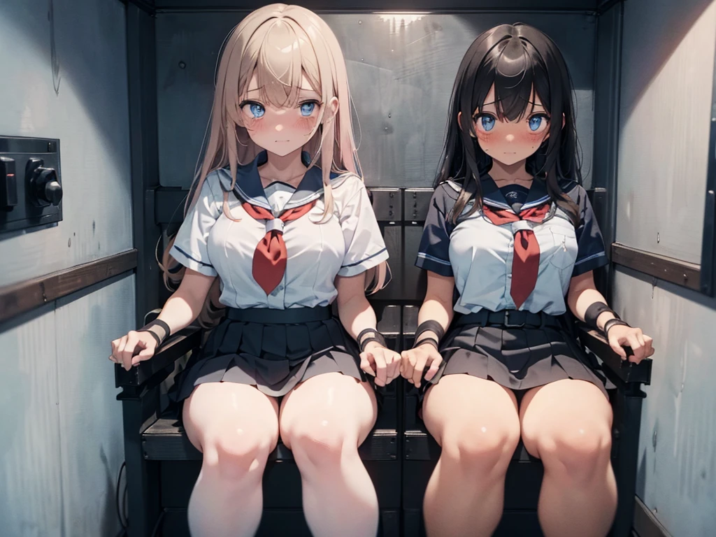 Top view angle、2 girls, (((it with your legs apart、No panties)))Tied to a chair, (Bondage chair:1.5), (Leg spread:1.5), (underground室内, underground, torture chamber), (Ankle tied, Wrists tied, Ankle cuffs, Wrist cuff), Arms on sides, (blush:1.5), (Are crying:1.0), (Struggle:1.5), (blush, Worried, Scared, Watery eye), ((Tight clothing, Short sleeve, Gym suit, Mini shorts, No shoes)), Perfect body, Perfect Face, Beautiful Face, Beautiful Eyes, Detailed eyes, Focus on the face(((NSFW、Naughty pictures)))