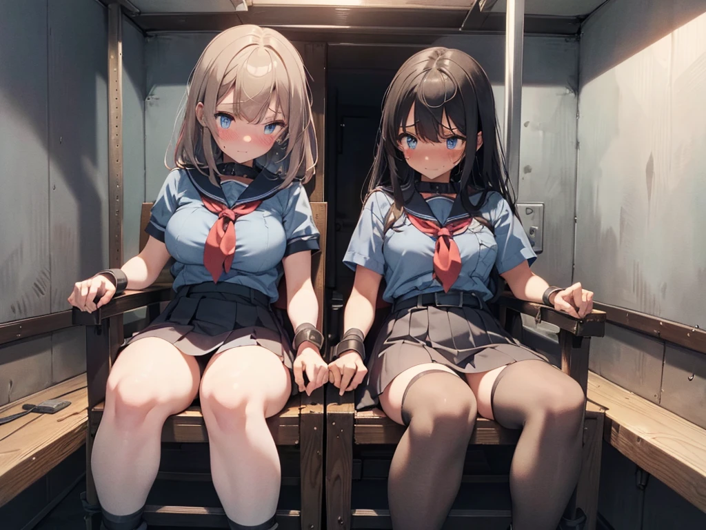 2 girls, strapped to chairs, (inside basement, torture room, confinement cell, containment cell), (open legs:1.5), (blushing:1.5), (((blushing, terrified, crying))), (wrist cuffs, ankle cuffs, wrists tied, ankles tied), arms to the sides, ((tight clothing, short sleeves, sailor uniform, miniskirt, shoeless)), perfect face, detailed face, detailed eyes, beautiful eyes, big breasts, long hair
