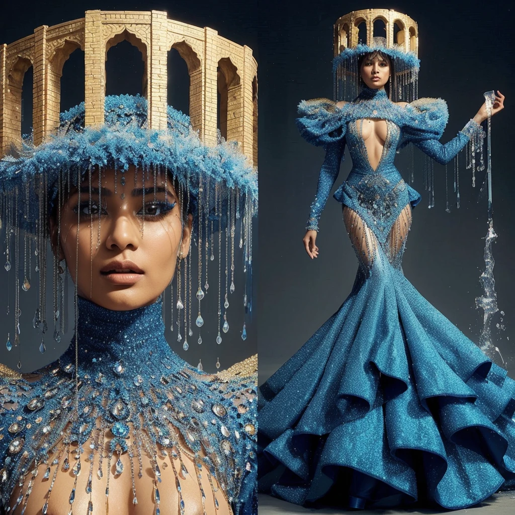 In a striking high-fashion statement, a stunning ;(((indian woman with brown hair))) commands attention in a vibrant blue gown adorned with dripping diamond crystals, echoing the fluidity of water. Completing the ensemble is a bold headpiece shaped like a slightly tilted beige brick bridge, intricately designed to merge seamlessly with the gown's skintight layered trumpet silhouette. This cohesive masterpiece exudes elegance and innovation, capturing the essence of breathtaking conceptual fashion.