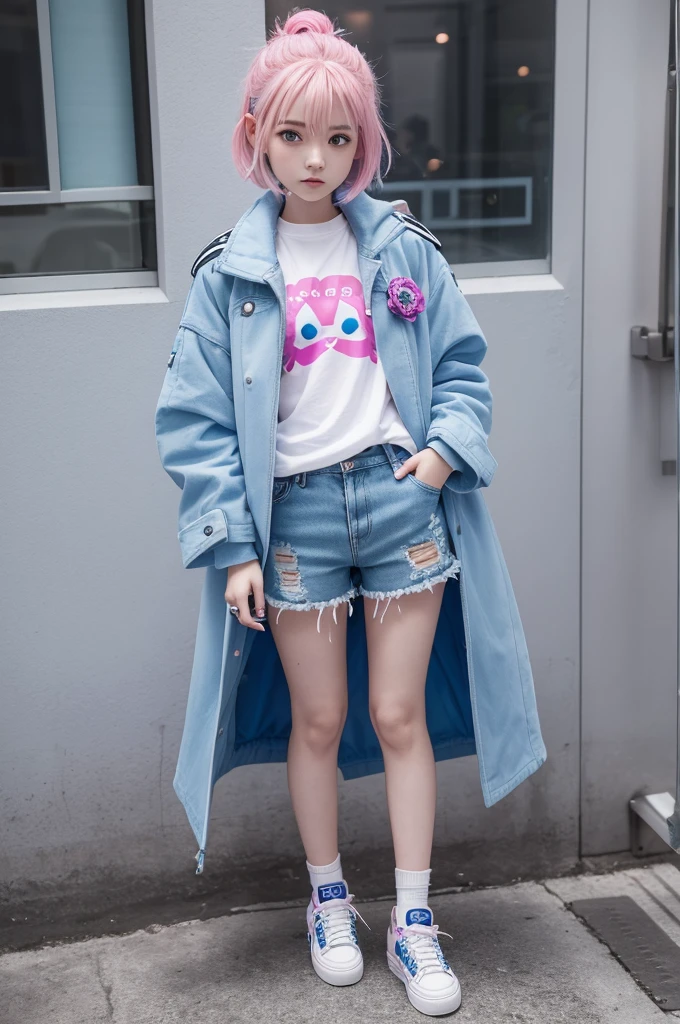 A  girl with pink hair star eyes with a little ice knife she has a blue coat blue nails flowered shorts and sneakers And she is really cold seriously