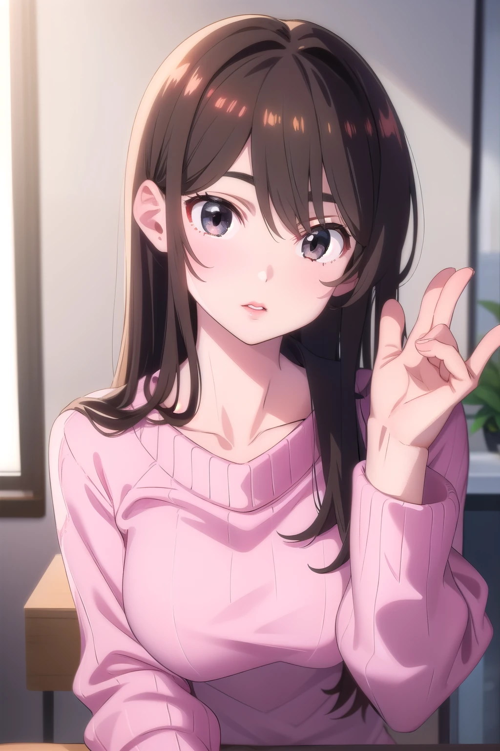 Girl, long brown hair, dark gray eyes, sharp features, white skin, pink lips, beautiful, perfect, sweater