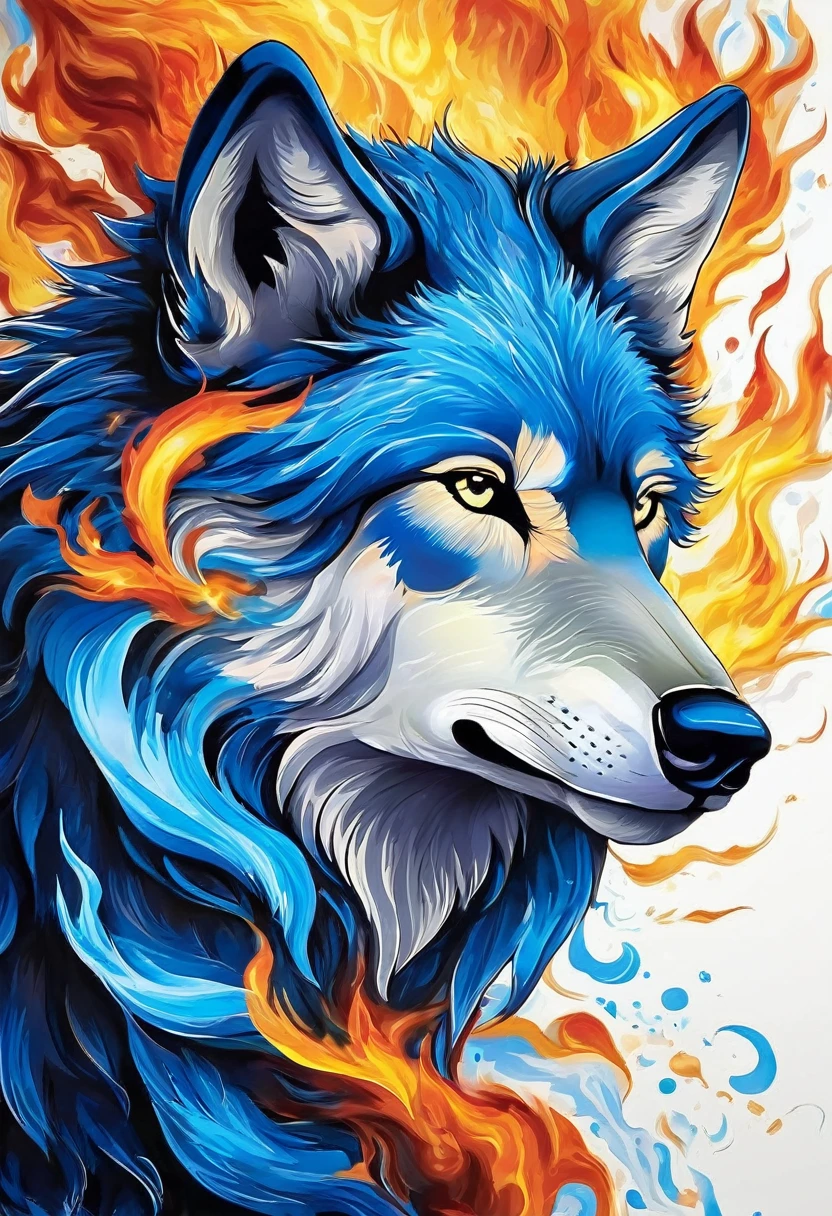 Create a detailed image of a wolf with blue fur. The wolf must be enveloped in flames that are also blue, as if your body was imbued with blue fire. The flames should look natural and blend harmoniously with the wolf's coat.. The wolf's expression must be fierce and imposing, with bright eyes that highlight your powerful nature. The background of the image should be a dark backdrop to contrast with the brightness of the blue flames..