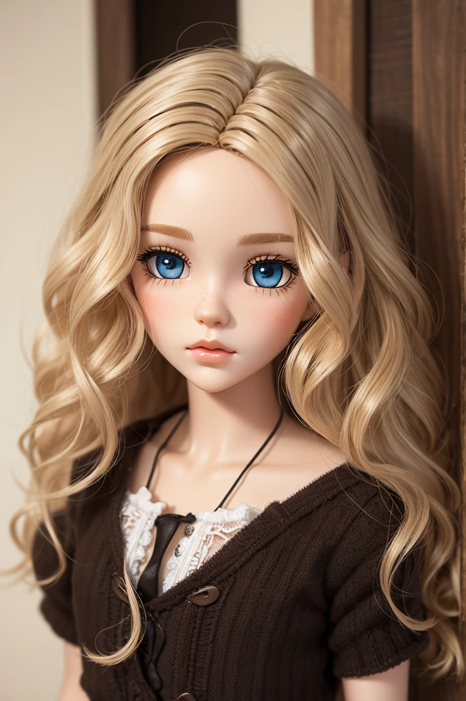 create a blyth doll with dark blonde, wavy hair and brown eyes