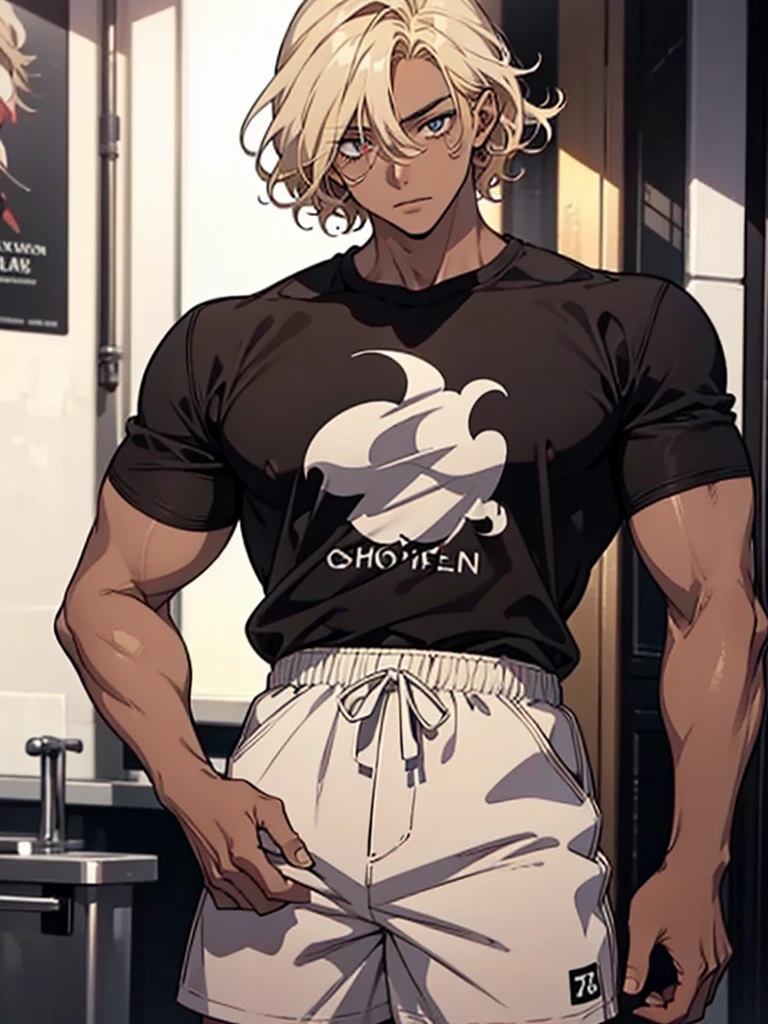 An anime man, hydrated face, he is 20 years old, dark skin color, his hair is curly, hair colors are light brown highlights with blonde, their eye colors are red, She was wearing a black T-shirt about the width of XL., he wore baggy white shorts, his height is 1.80 and his weight is 50 kilos,