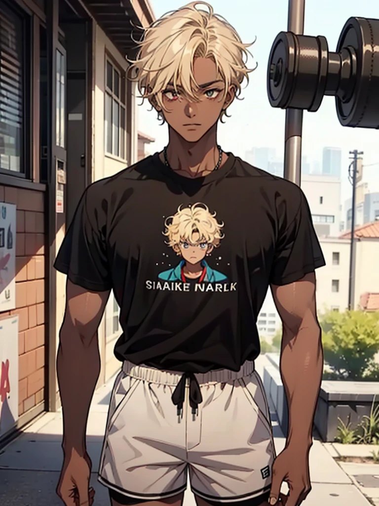 An anime man, hydrated face, he is 20 years old, dark skin color, his hair is curly, hair colors are light brown highlights with blonde, their eye colors are red, She was wearing a black T-shirt about the width of XL., he wore baggy white shorts, his height is 1.80 and his weight is 50 kilos,