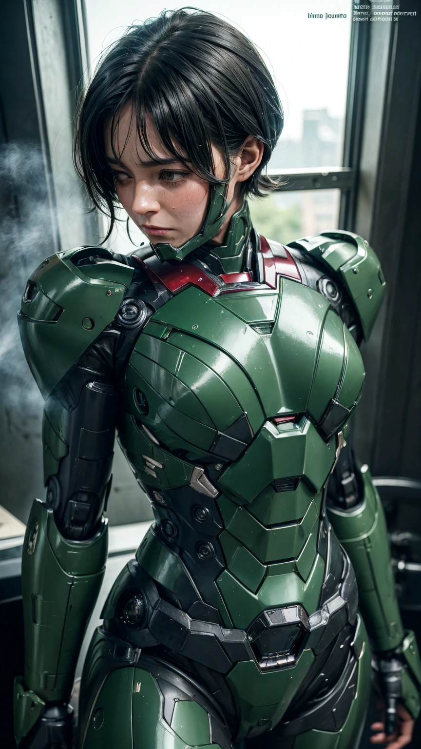 Highest quality 8k dark green iron man suit girl Middle-aged women Sweaty face cute short hair boyish Steam coming out of my head My hair is wet with sweat The feel of black hair Full body portrait My upper body is soaked I can see the vagina Lying in bed
