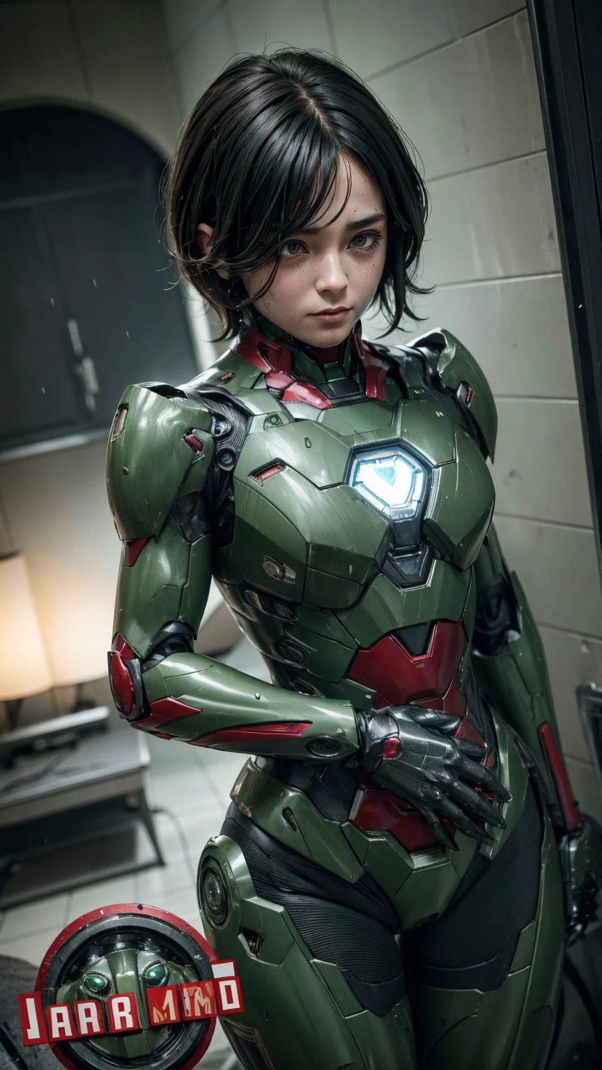 Highest quality　8k dark green iron man suit girl　Middle-aged women　Sweaty face　cute　short hair　boyish　Steam coming out of my head　My hair is wet with sweat　The feel of black hair　Full body portrait　My upper body is soaked　 　I can see the vagina　Lying in bed