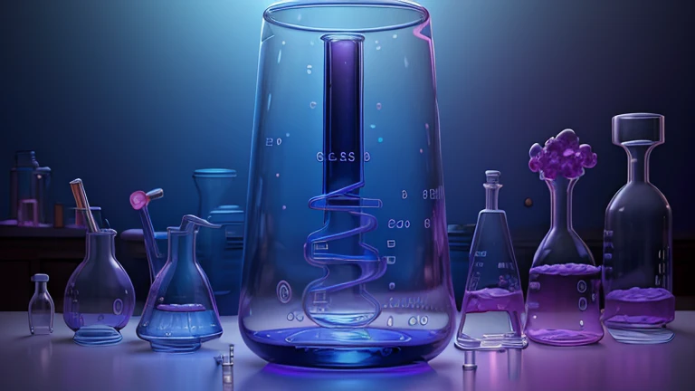 a beautiful detailed chemistry-inspired scene, blue, pink and purple colors, intricate glassware, laboratory equipment, test tubes, beakers, swirling liquids, scientific apparatus, complex molecular structures, ethereal atmosphere, dramatic lighting, photorealistic, 8k, best quality, ultra-detailed, masterpiece