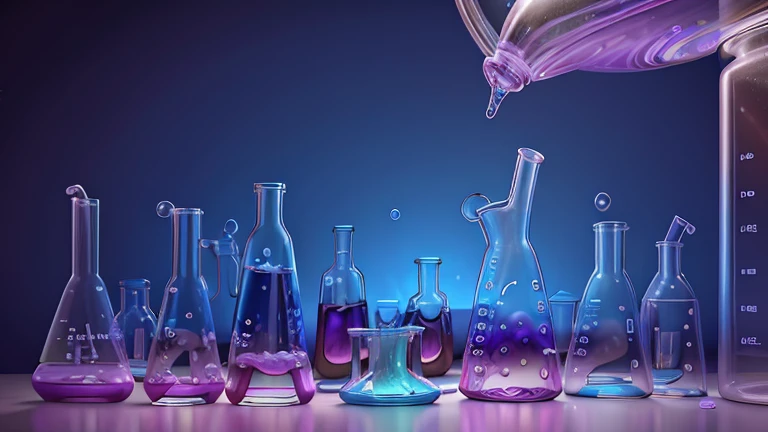 a beautiful detailed chemistry-inspired scene, blue, pink and purple colors, intricate glassware, laboratory equipment, test tubes, beakers, swirling liquids, scientific apparatus, complex molecular structures, ethereal atmosphere, dramatic lighting, photorealistic, 8k, best quality, ultra-detailed, masterpiece