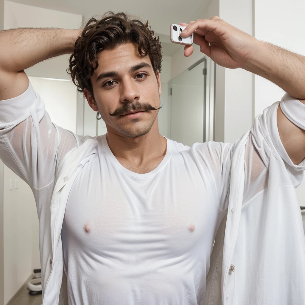 Handsome man , light mustache, hot muscular body , medium curly hair , selfie, quality like its taken by iPhone 12 , wearing a white shirt jacket