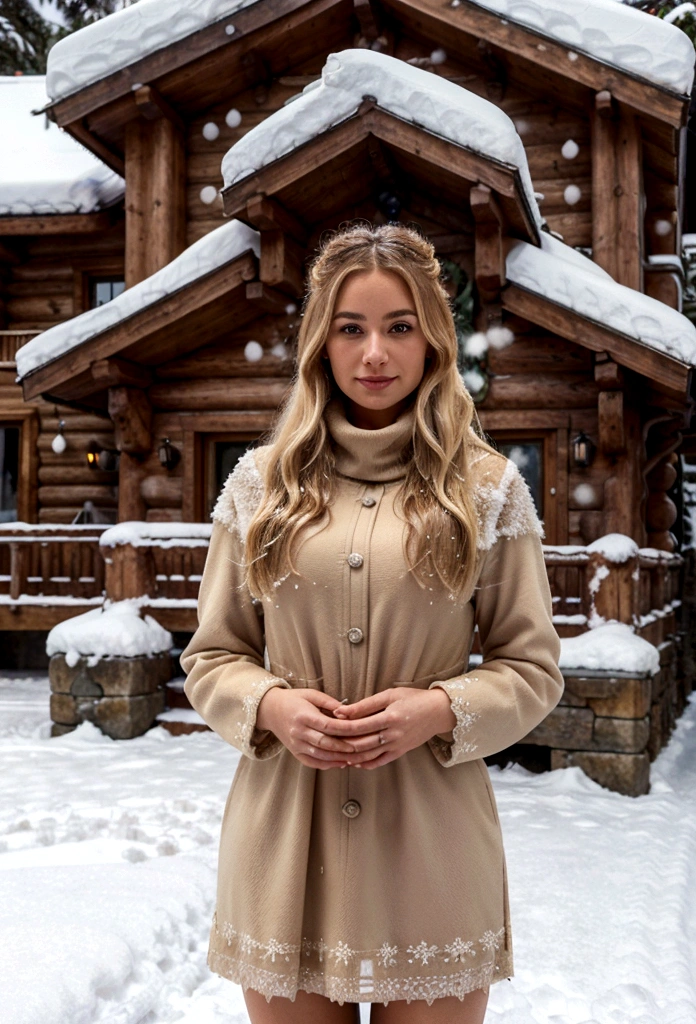 A realistic 4K image of an Italian woman with blonde hair, wearing a detailed and elegant dress, standing in the snow in front of a cozy mountain chalet. The scene is set in a snowy landscape with tall pine trees and snow-capped mountains in the background. The woman is depicted with a serene expression, with intricate details on her dress and hair. The chalet is rustic, made of wood with a stone chimney, and smoke gently rises from it, adding warmth to the cold, snowy scene.
