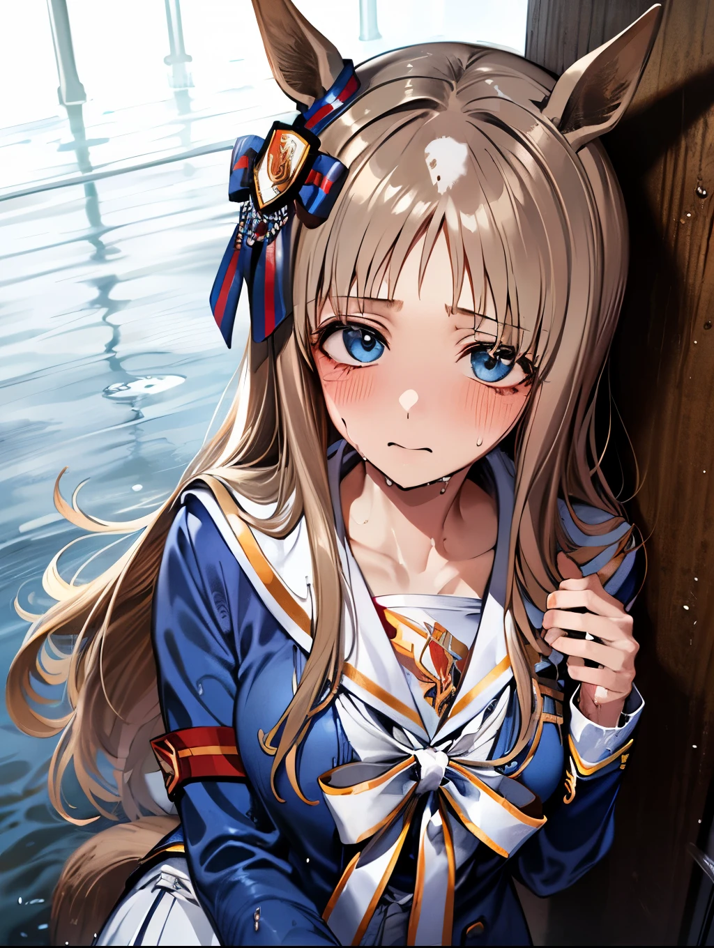 grass wonder \(Umamusume\), 1 girl, Solo, Best Quality, masutepiece, 8K, High resolution, Ultra-detailed, Blue jacket, White sailor color, Long sleeves, White skirt, (((wet hair, wet clothes, wet skin, mud stain))), rain,