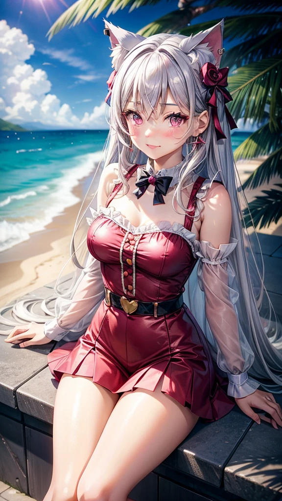 Silver hair, pink eyes, body, cat ears, adult girl, earrings, flower beach sky clouds background, red tea greenl gold uniform, hair bows, happy face, thigh up, looking at straight, flowers