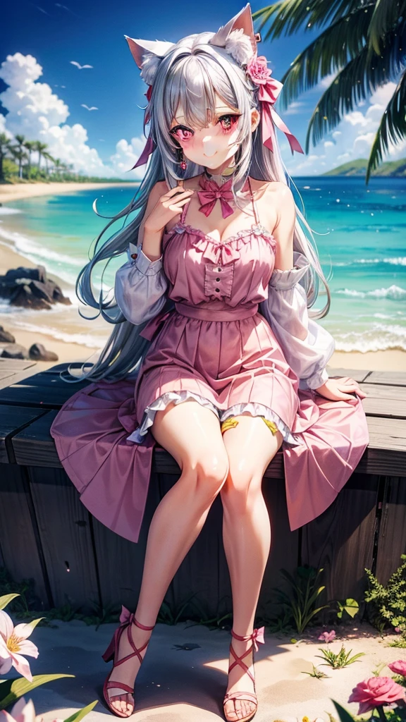 Silver hair, pink eyes, body, cat ears, adult girl, earrings, flower beach sky clouds background, red tea greenl gold uniform, hair bows, happy face, thigh up, looking at straight, flowers