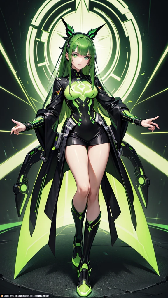 masterpiece, highest quality, (solo focus), (perfect face:1.1), (full body), (high detail:1.1), (hyper detailed eyes), dramatic, a woman with paleskin and long dark green hair, bright green eyes, solo, arrogant expression, neon cybernetic outfit, white background, art by artgerm, cinematic lighting, fashion, BalenciagaStyle