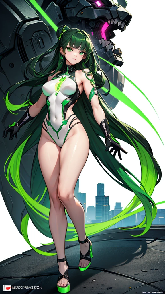 masterpiece, highest quality, (solo focus), (perfect face:1.1), (full body), (high detail:1.1), (hyper detailed eyes), dramatic, a woman with paleskin and long dark green hair, bright green eyes, solo, arrogant expression, neon cybernetic outfit, white background, art by artgerm, cinematic lighting, fashion, BalenciagaStyle