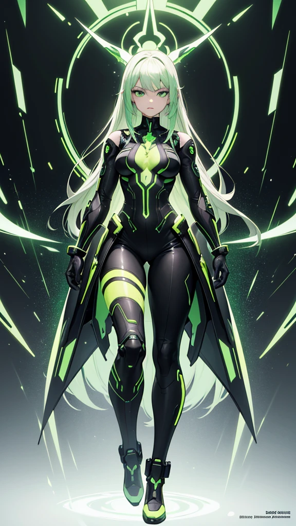 masterpiece, highest quality, (solo focus), (perfect face:1.1), (full body), (high detail:1.1), (hyper detailed eyes), dramatic, a woman with paleskin and long dark green hair, bright green eyes, solo, arrogant expression, neon cybernetic outfit, white background, art by artgerm, cinematic lighting, fashion, BalenciagaStyle