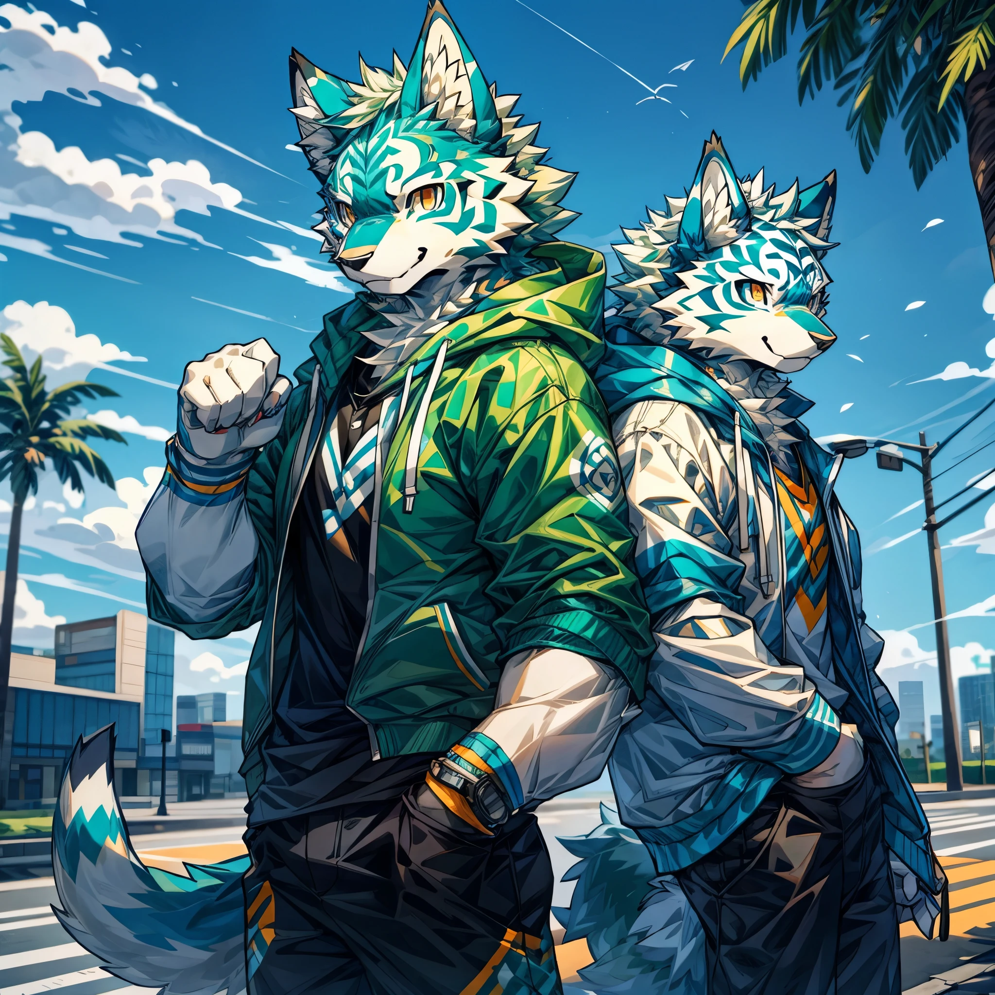 masterpiece,High quality,furry,one man,(wolf&tiger),blue&white fur,smile,green hoodie,In the street,perfect background