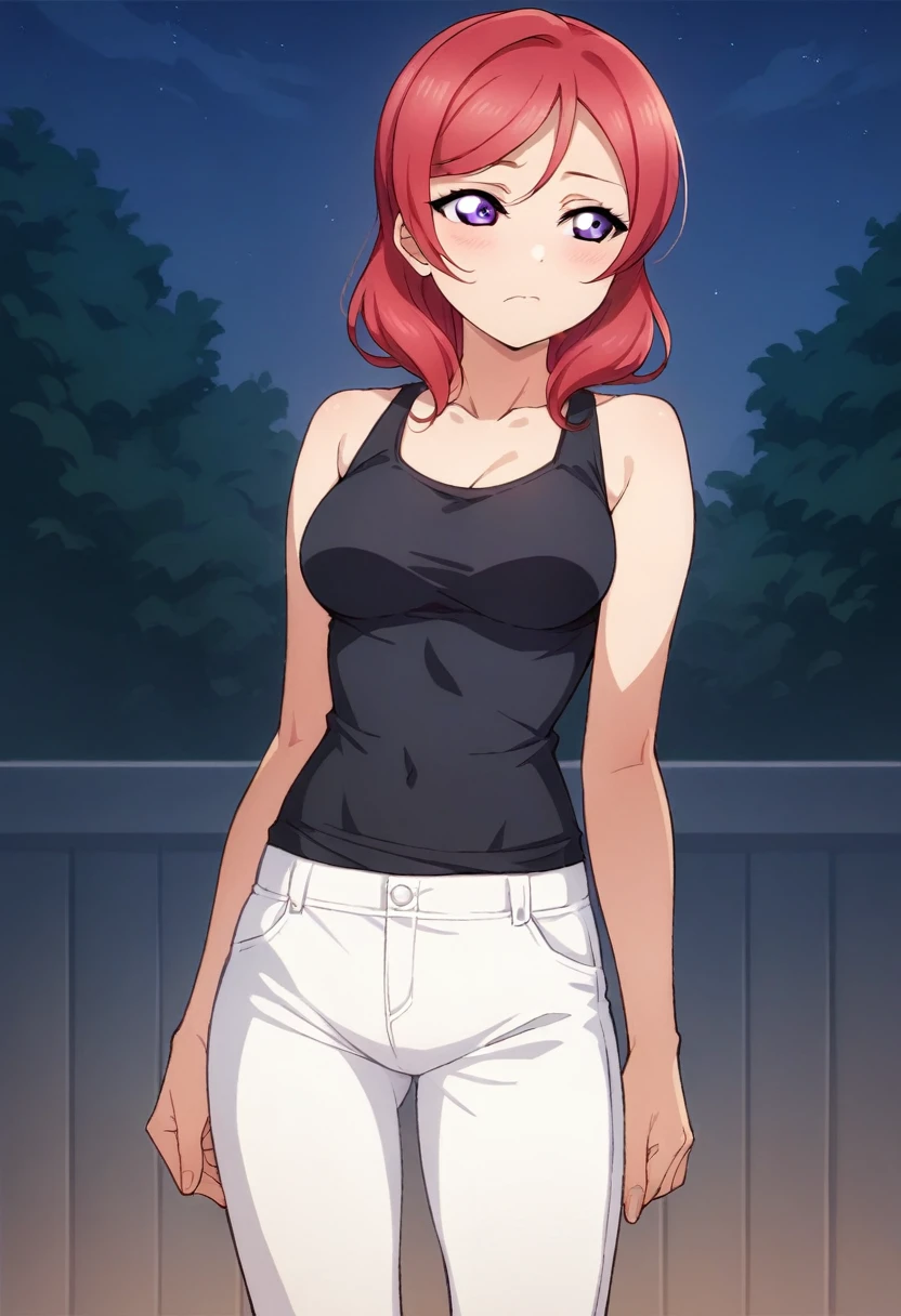Masterpiece, best quality,solo, nishikino maki,red hair ,purple eyes, cowboy shot , breasts, love live style, black tank top, skinny white pants, standing ,in streat, night, bored, embarrassed, looking away , naval