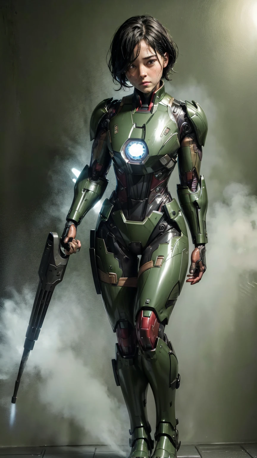 Highest quality　8k dark green iron man suit girl　Middle-aged women　Sweaty face　cute　short hair　boyish　Steam coming out of my head　My hair is wet with sweat　The feel of black hair　Full body portrait　My upper body is soaked　 　I can see the vagina　Lying in bed