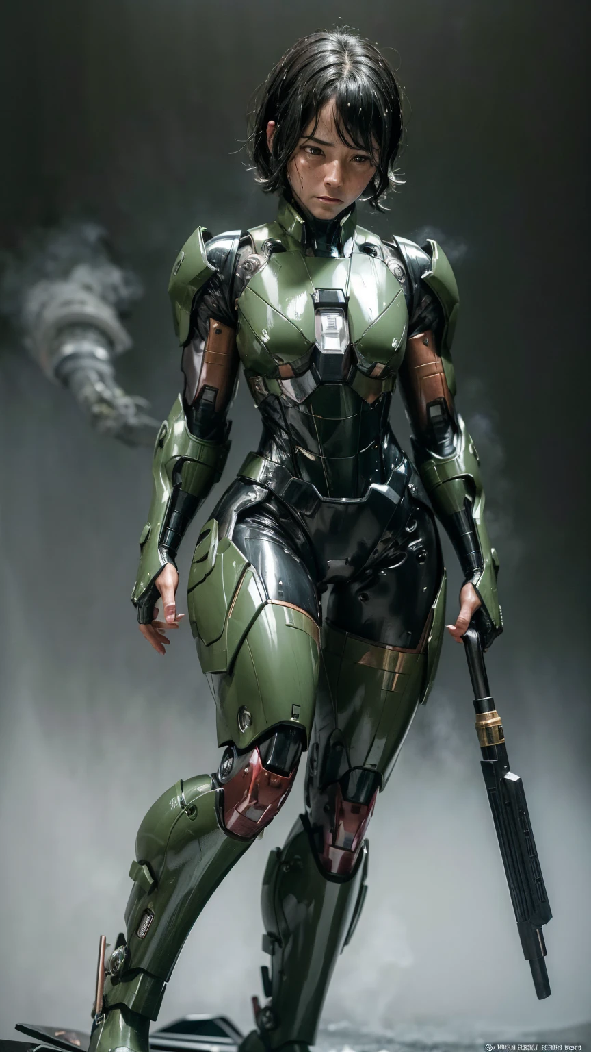 Highest quality　8k dark green iron man suit girl　Middle-aged women　Sweaty face　cute　short hair　boyish　Steam coming out of my head　My hair is wet with sweat　The feel of black hair　Full body portrait　My upper body is soaked　 　I can see the vagina　Lying in bed