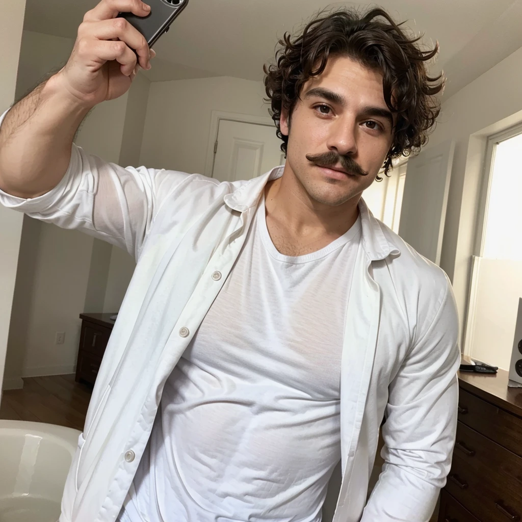 Handsome man , light mustache, hot muscular body , medium curly hair , selfie, quality like its taken by iPhone 12 , wearing a white shirt jacket