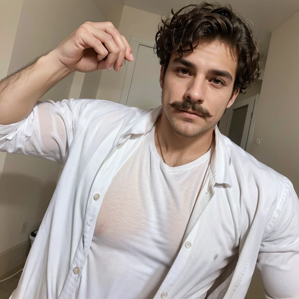 Handsome man , light mustache, hot muscular body , medium curly hair , selfie, quality like its taken by iPhone 12 , wearing a white shirt jacket