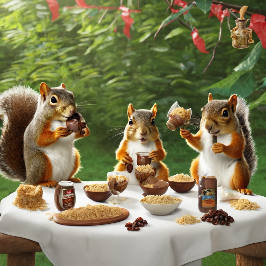 4 squirrels, gathering, table with a bottle of rum in the middle. Squirrel 1 holding a peanut, squirrel 2 holding shredded coconut, squirrel 3 holding raisins, and squirrel 4 holding a sack of flour. They are drunk, sitting with 4 glasses of rum and ice.