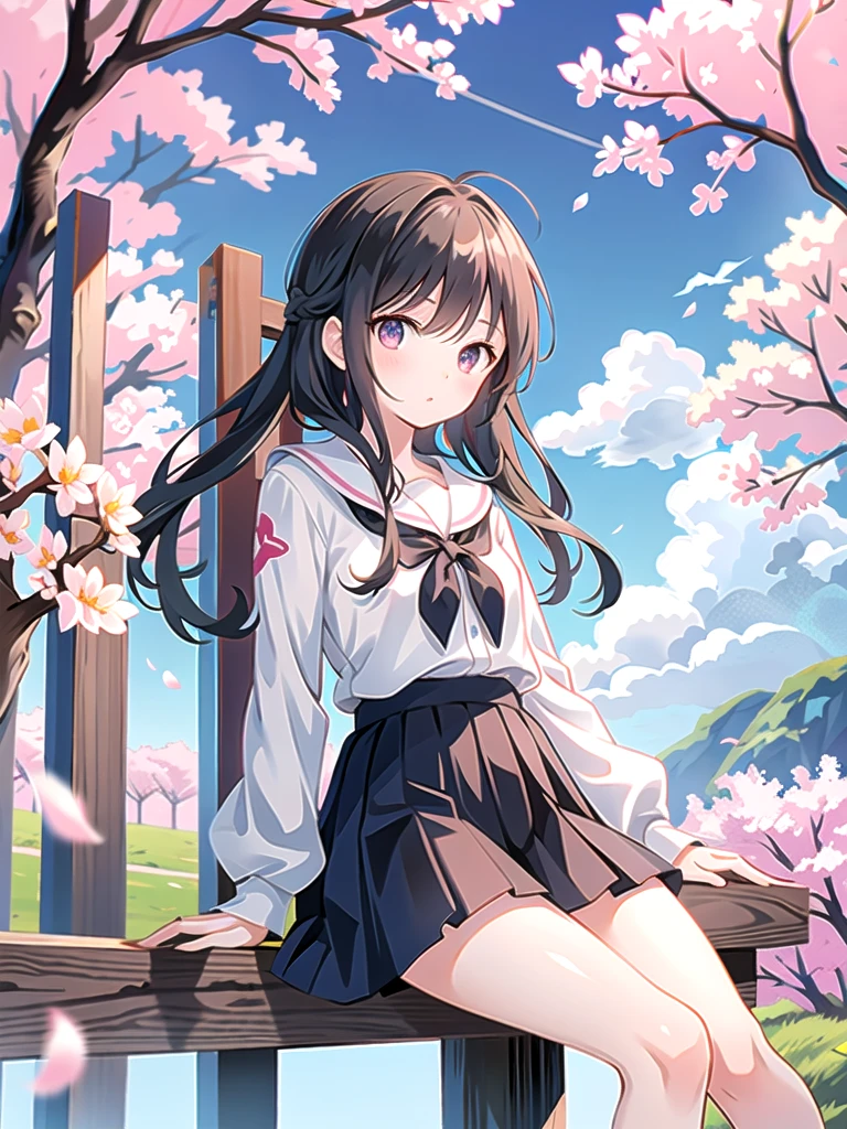 Girl sitting on a fence, with the skies around her and cherry blossoms