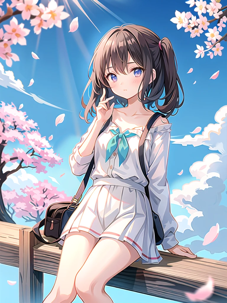 Girl sitting on a fence, with the skies around her and cherry blossoms