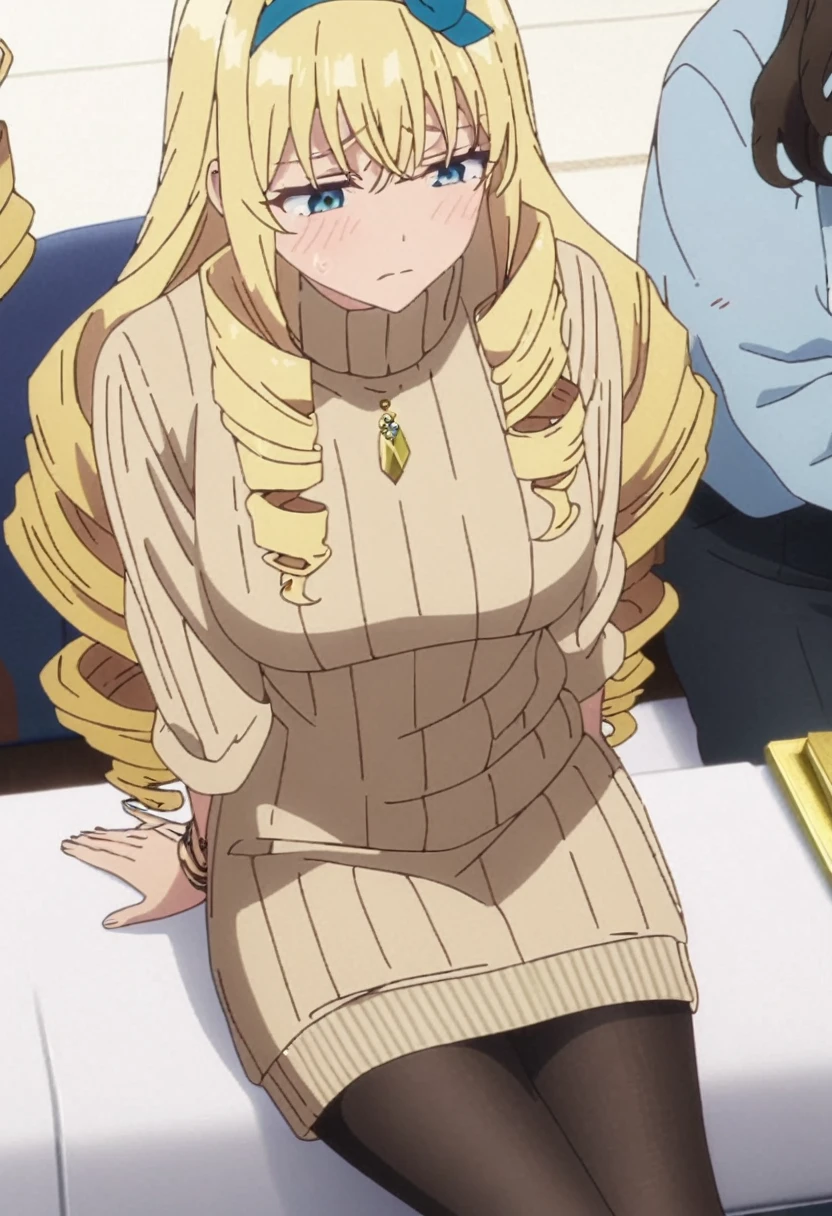 masterpiece, best quality, screencap, blonde hair, long hair, curly hair, drill hair, blue hairband, sweater dress, ribbed sweater, golden corners, bracelet, jewellery, black pantyhose, adult, large breasts, white background, shy, sitting