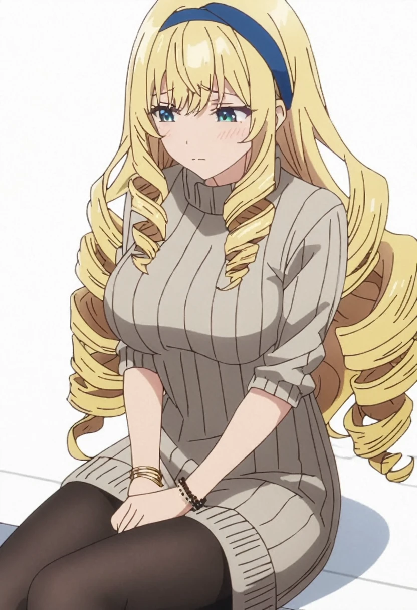 masterpiece, best quality, screencap, blonde hair, long hair, curly hair, drill hair, blue hairband, sweater dress, ribbed sweater, golden corners, bracelet, jewellery, black pantyhose, adult, large breasts, white background, shy, sitting 