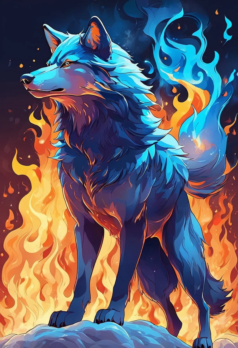 Create a detailed image of a wolf with blue fur. The wolf must be enveloped in flames that are also blue, as if your body was imbued with blue fire. The flames should look natural and blend harmoniously with the wolf's coat.. The wolf's expression must be fierce and imposing, with bright eyes that highlight your powerful nature. The background of the image should be a dark backdrop to contrast with the brightness of the blue flames..