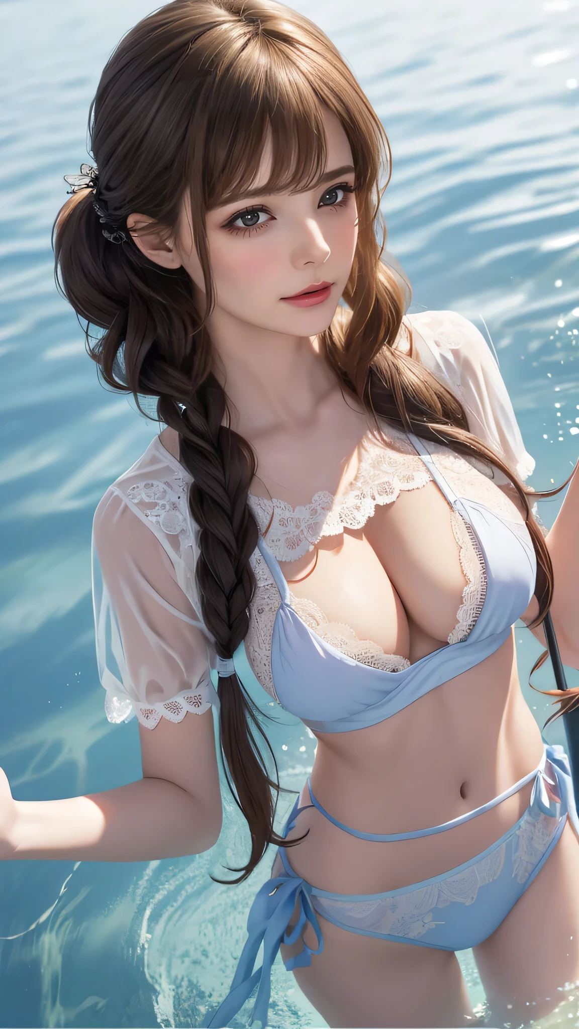 (fellatio gesture),(floating in water),(soaked),baggy t-shirt,(see through),lace swimsuit,(Thin type:1.5),(large breasts),(random hairstyle:1.2),(Highest image quality, (8K), Ultra-realistic, Best Quality, High quality, High Definition, high quality texture, high detailing, Beautiful detailed, fine detailed, extremely details CG, Detailed texture, realistic representation of face, masterpiece, presence)