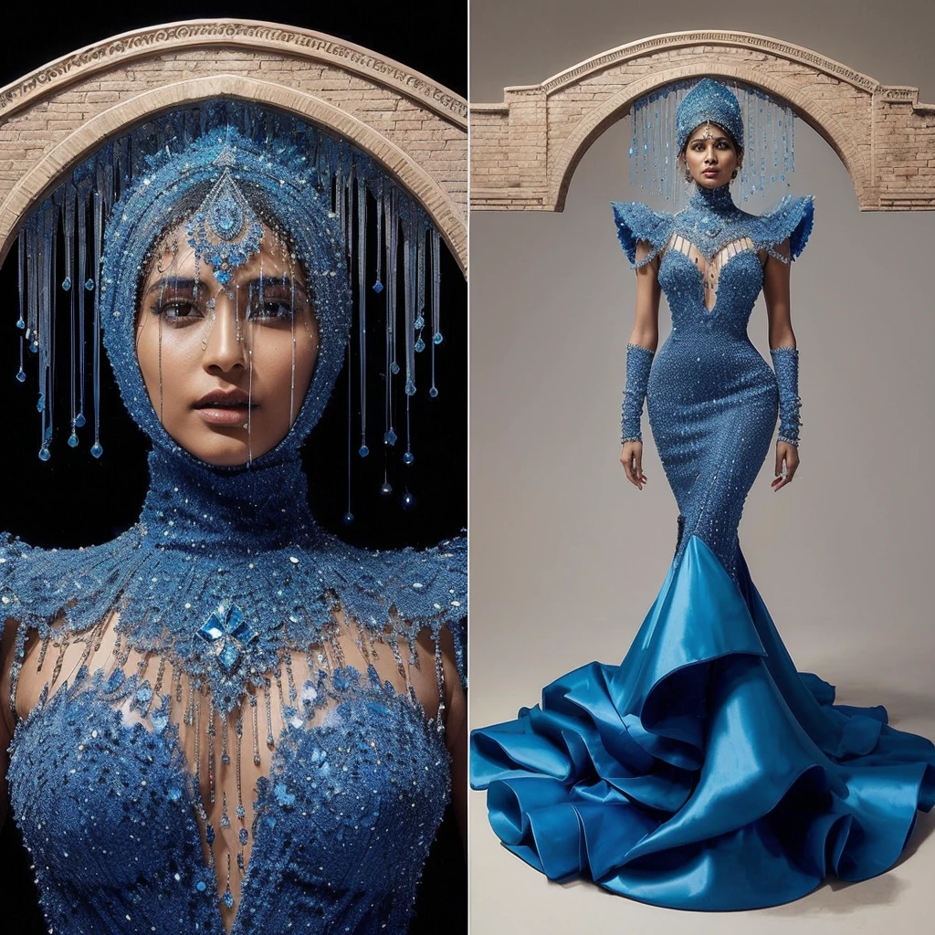 In a striking high-fashion statement, a stunning ;(((indian woman with brown hair))) commands attention in a vibrant blue gown adorned with dripping diamond crystals, echoing the fluidity of water. Completing the ensemble is a bold headpiece shaped like a slightly tilted beige brick bridge, intricately designed to merge seamlessly with the gown's skintight layered trumpet silhouette. This cohesive masterpiece exudes elegance and innovation, capturing the essence of breathtaking conceptual fashion.