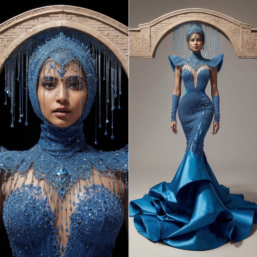In a striking high-fashion statement, a stunning ;(((indian woman with brown hair))) commands attention in a vibrant blue gown adorned with dripping diamond crystals, echoing the fluidity of water. Completing the ensemble is a bold headpiece shaped like a slightly tilted beige brick bridge, intricately designed to merge seamlessly with the gown's skintight layered trumpet silhouette. This cohesive masterpiece exudes elegance and innovation, capturing the essence of breathtaking conceptual fashion.