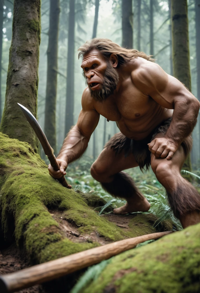 RAW photo of a Neanderthals, hunting, forest, prehistoric, (hyper realistic:1.4), masterpiece, cinematic, best quality, sharp focus,