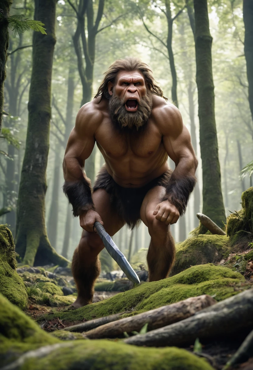 RAW photo of a Neanderthals, hunting, forest, prehistoric, (hyper realistic:1.4), masterpiece, cinematic, best quality, sharp focus,