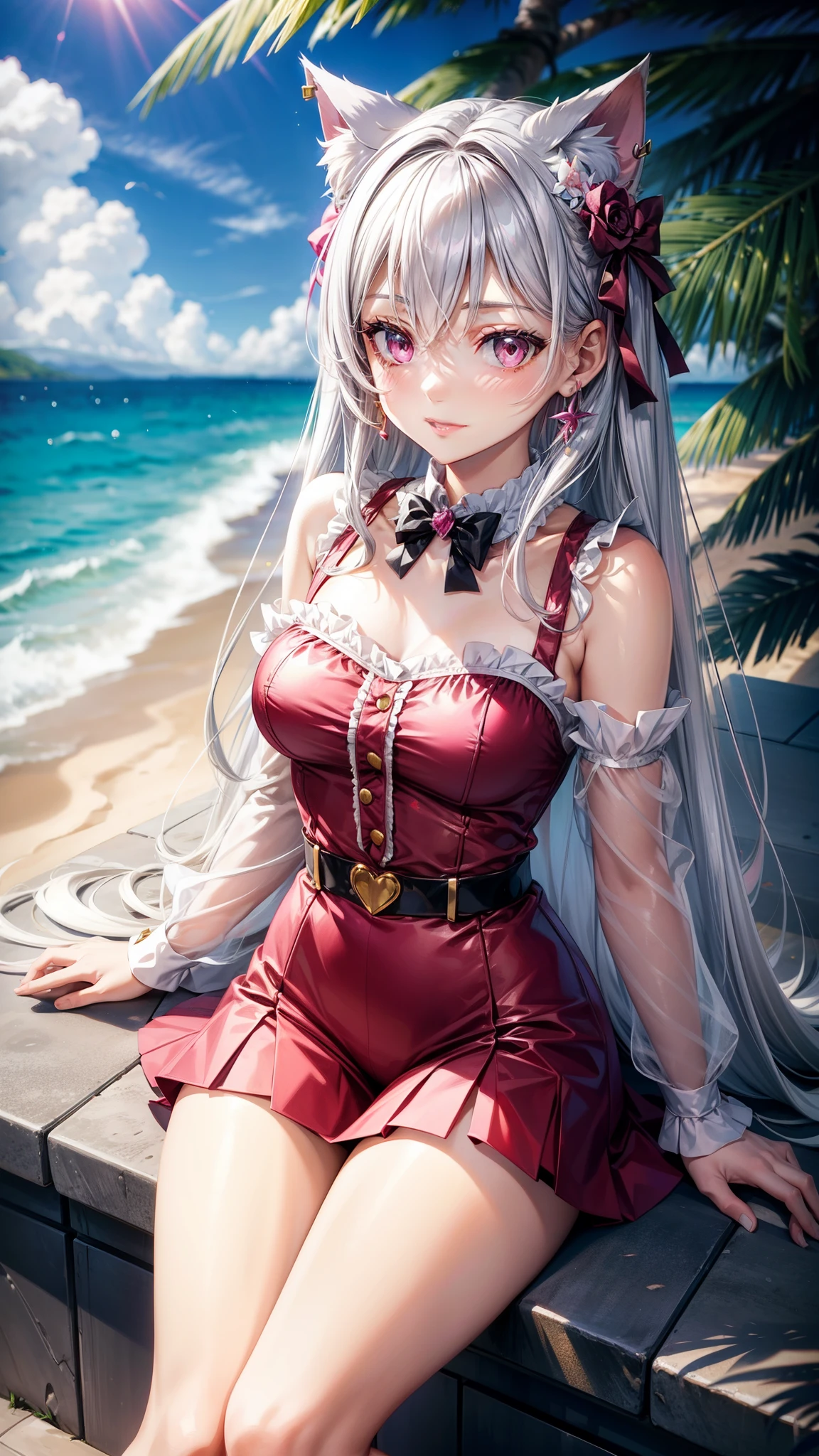 Silver hair, pink eyes, body, cat ears, adult girl, earrings, flower beach sky clouds background, red tea greenl gold uniform, hair bows, happy face, thigh up, looking at straight, flowers