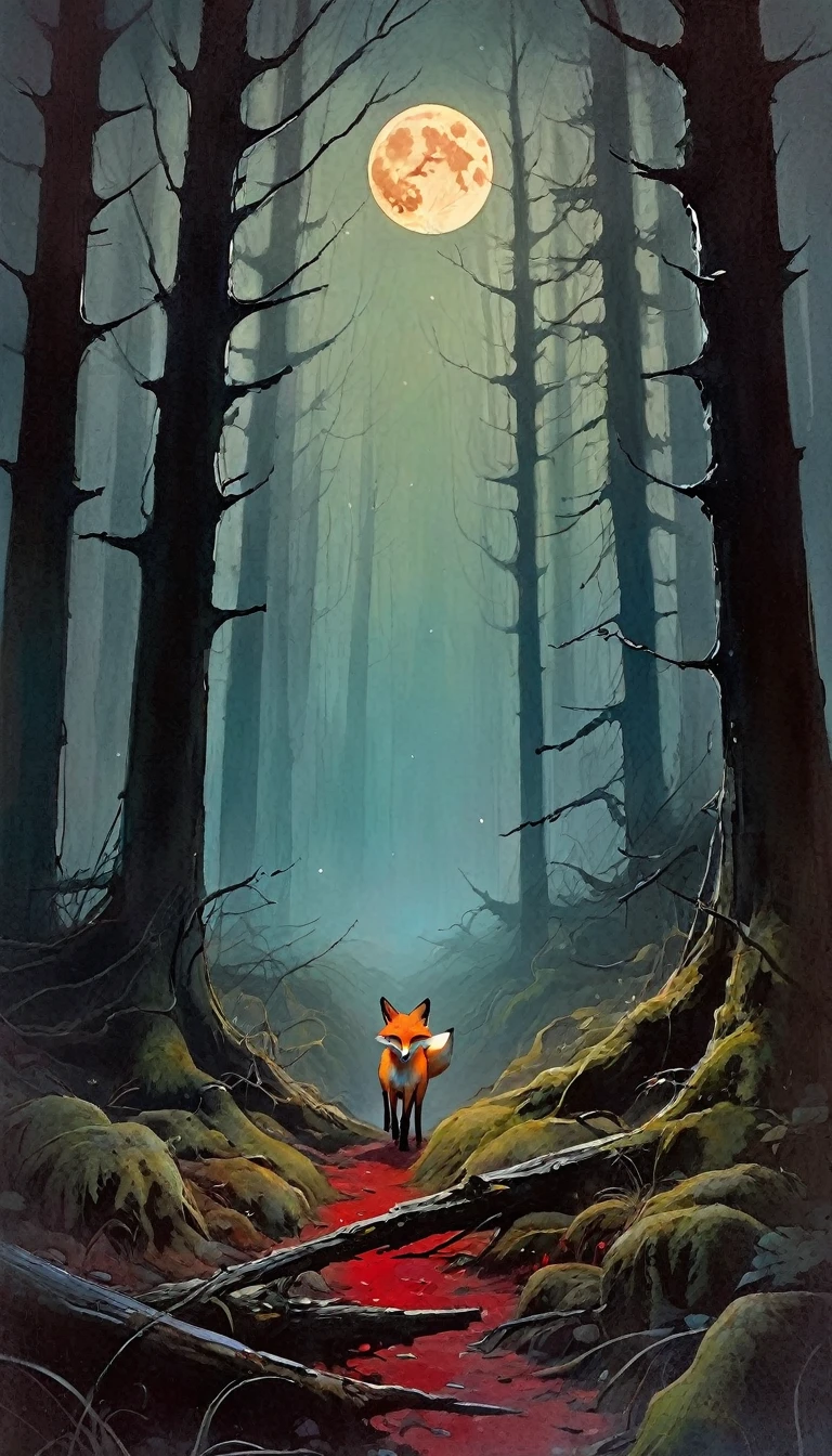 a little fox, adorable but angry, red eyes, walks through a forest at night, fog, creepy atmosphere, magic, fantastic, night sky, moon, stars, old-growth forest, dark mossy trees, moonlit, moody lighting, atmospheric, (art inspired in Bill Sienkiewicz). oil painting)
