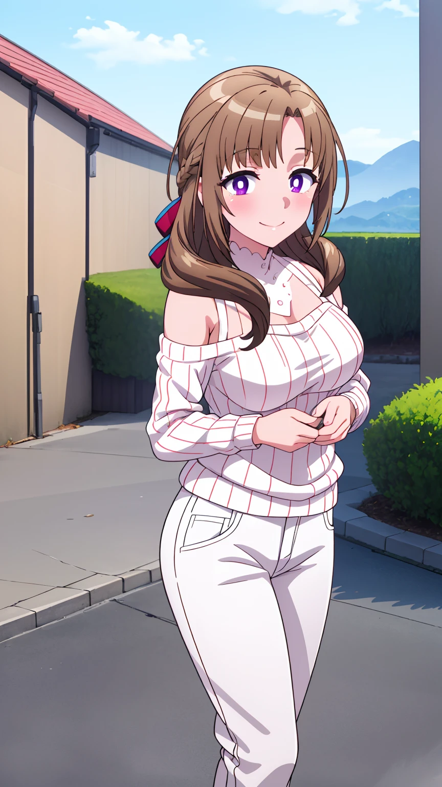 masterpiece, (best quality), 1woman,1girl ,mamako_oosuki,   brown hair,  long hair,  (hair down), purple eyes,mature female, white shirt, pants, sweater,big breasts, ribbon,sexy woman,smile,  ,closed clothes, embarrassed,blush,  bare shoulders, vibrant colors ,natural lighting  ,RTX,  , beautiful, (detailed face:1.2), showcase, (perfect eyes:1.1) ,(photorealistic:1.1), 8k uhd,  looking at viewer, outdoors,  simple backround,