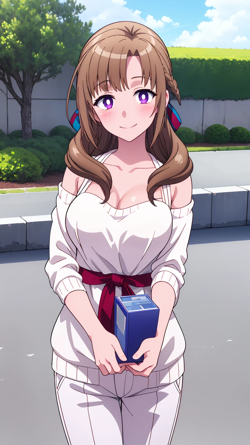 masterpiece, (best quality), 1woman,1girl ,mamako_oosuki, brown hair, long hair, (hair down), purple eyes,mature female, white shirt, pants, sweater,big breasts, ribbon,sexy woman,smile, ,closed clothes, embarrassed,blush, bare shoulders, vibrant colors ,natural lighting ,RTX, , beautiful, (detailed face:1.2), showcase, (perfect eyes:1.1) ,(photorealistic:1.1), 8k uhd, looking at viewer, outdoors, simple backround,