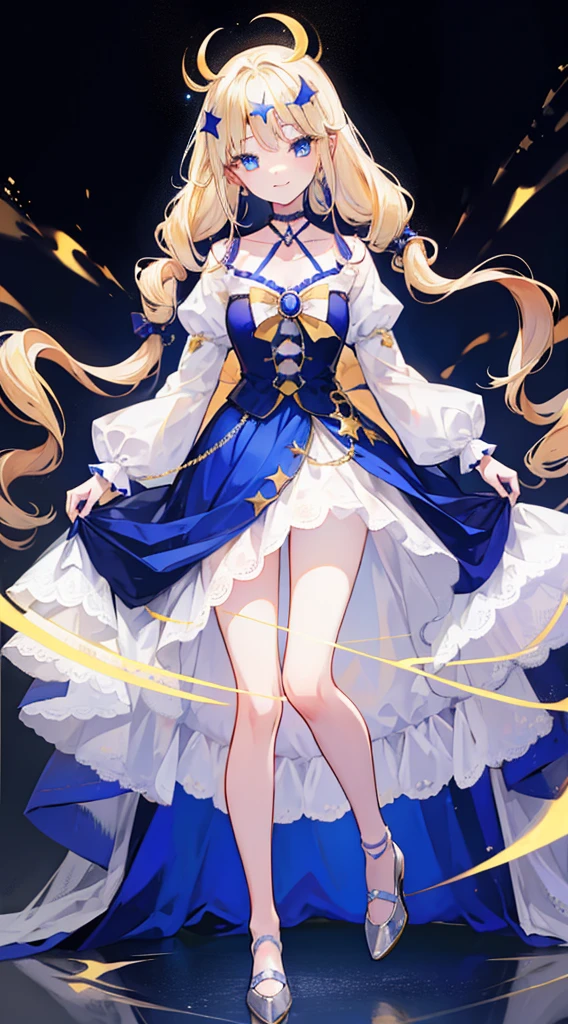 1 girl,blue colored eyes, Blonde hair, twin drills, hair adornments, crescent hair ornament, forehead jewel, star hair ornament, Seductive smile,choker necklace,Western European appearance,Light red short sleeve long skirt,Pale yellow shoes,Full body like
