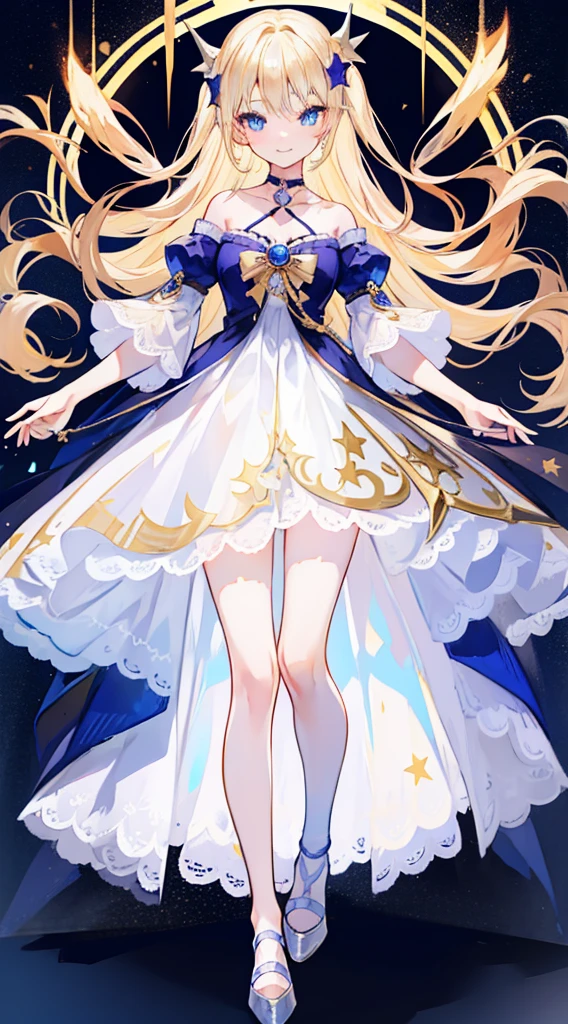 1 girl,blue colored eyes, Blonde hair, twin drills, hair adornments, crescent hair ornament, forehead jewel, star hair ornament, Seductive smile,choker necklace，Western European appearance，Light red short sleeve long skirt，Pale yellow shoes，Full body like