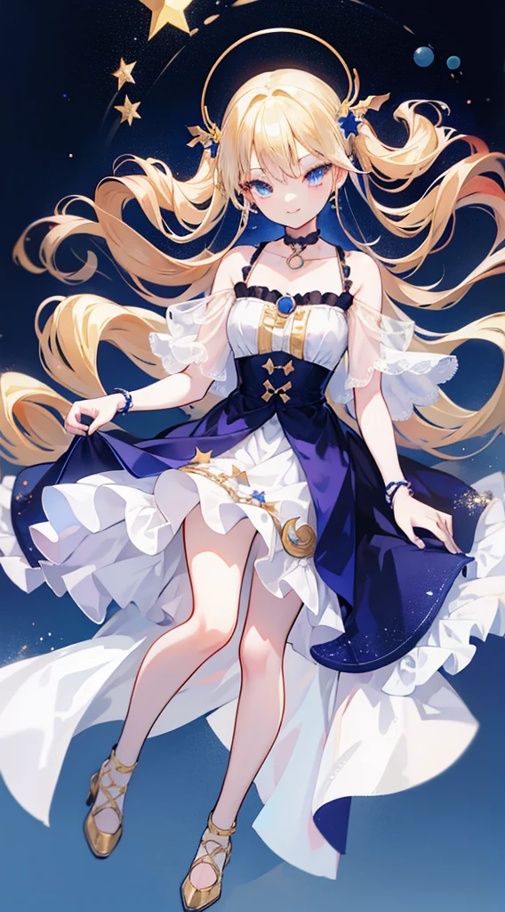 1 girl,blue colored eyes, Blonde hair, twin drills, hair adornments, crescent hair ornament, forehead jewel, star hair ornament, Seductive smile,choker necklace，Western European appearance，Light red short sleeve long skirt，Pale yellow shoes，Full body like