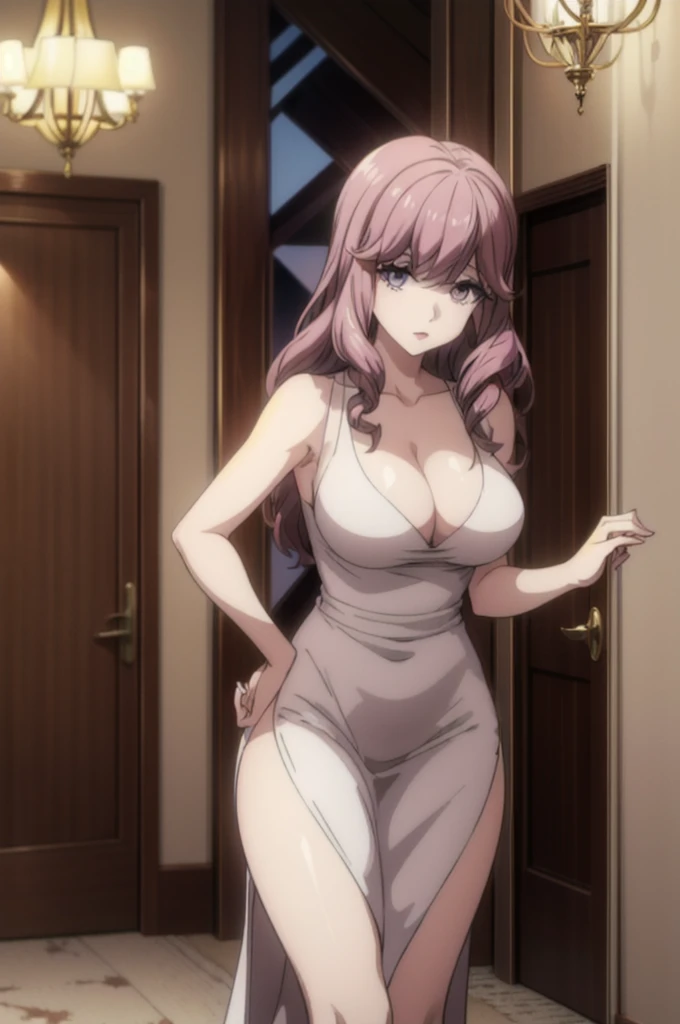 perfect eyes:1.2, detailed eyes:1.4, hall, chandelier, Kurayoshi_R, , large breasts,hite drespelvic curtain, medium full shot, thigh-level shot, 1girl,(masterpiece:1.6, best quality),