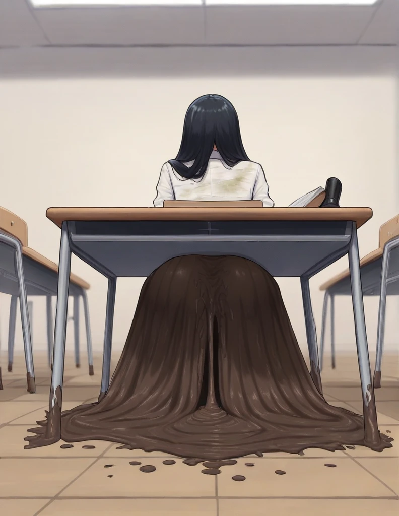 Ultra-realistic, 4k, 1girl, 10 year old, cute face, pretty face, cute eyes, bad body, black hijab, long black skirt, tight long sleeve buttoned white shirt, white sneakers, crying, (((both hands on ass))), very sweaty, in dirty classroom, near the desk, dirty skirt, dirty chair, dirty clothes, sweaty clothes, (((make the whole image filthy and dirty))), (((some mud dripping from long skirt))), stinky atmosphere, filthy atmosphere, mud on long skirt, disgusting long skirt, (((extreme amount of mud on crotch))),