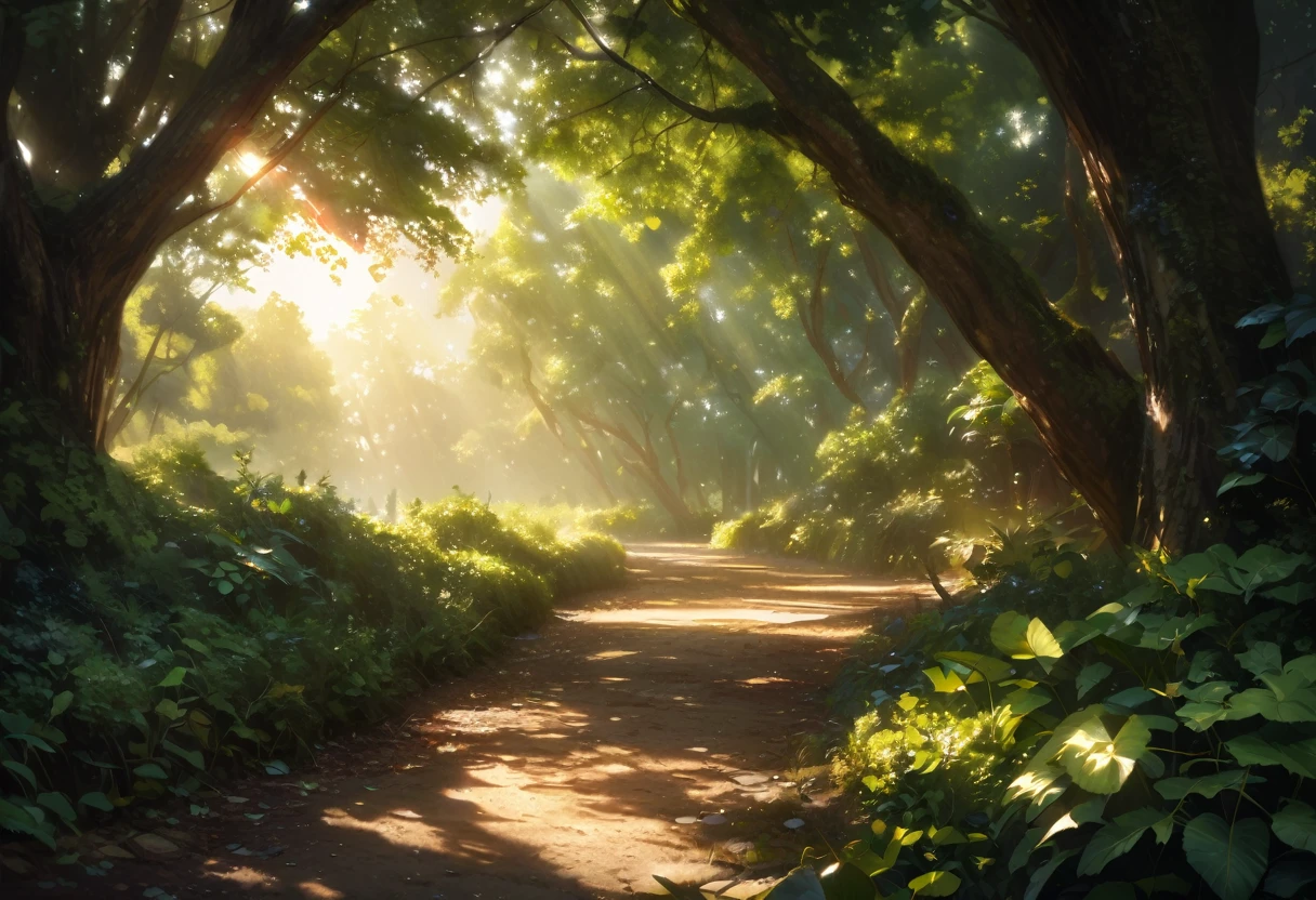 Bright sun peeking through leaves, dappled sunlight, lush greenery, serene atmosphere, natural light, warm glow, detailed foliage, realistic, high definition, tranquil, nature photography